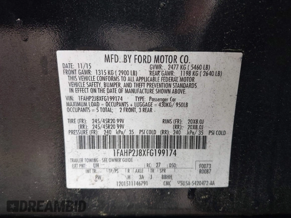 2015 Ford Taurus Limited с VIN 1FAHP2J8XFG199174, выставлен на аукционе IAAI как лот 42217433 с пробегом 128 229 миль миль и . История ставок и продаж доступна на DreamBid. Изображение 9.