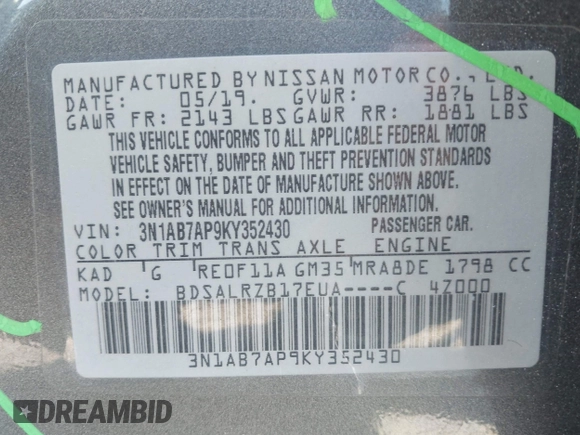 2019 Nissan Sentra S z VIN 3N1AB7AP9KY352430, wystawiony jako IAAI lot #42018960 z przebiegiem 77 266 mil mil oraz . Historia ofert i sprzedaży dostępna na DreamBid. Obrazek 9.