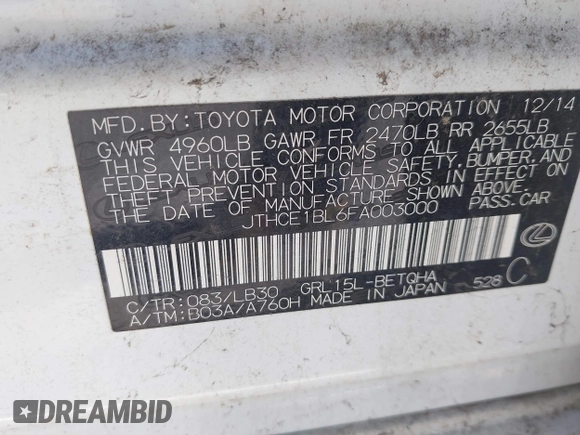 2015 Lexus GS 350 with VIN JTHCE1BL6FA003000, listed as a IAAI auction lot 42041493 with Not Provided miles and . Bid and sale history available at DreamBid. Image 9.