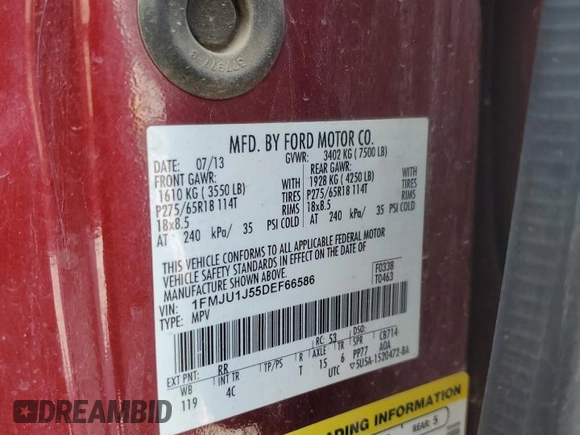 2013 Ford Expedition XLT with VIN 1FMJU1J55DEF66586, listed as a Copart auction lot 58336545 with 175,228 mi miles and Salvage title. Bid and sale history available at DreamBid. Image 13.