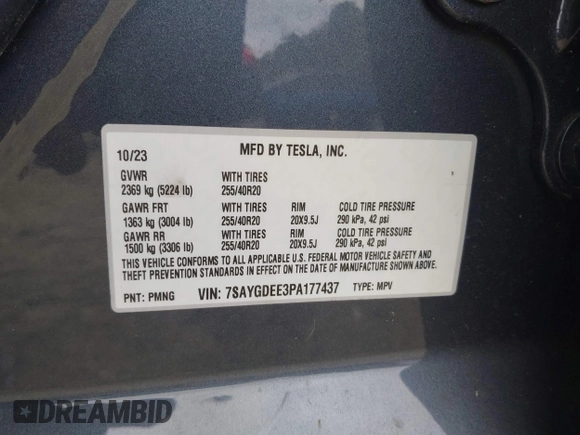 2023 Tesla Model Y Long Range with VIN 7SAYGDEE3PA177437, listed as a IAAI auction lot 41813483 with 17,093 mi miles. Bid and sale history available at carsss.com. Image 9.