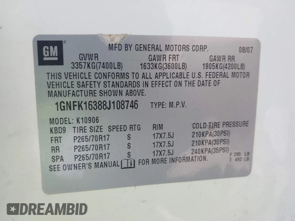 2008 Chevrolet Suburban LT w/3LT with VIN 1GNFK16388J108746, listed as a IAAI auction lot 41869151 with 274,851 mi miles. Bid and sale history available at carsss.com. Image 9.