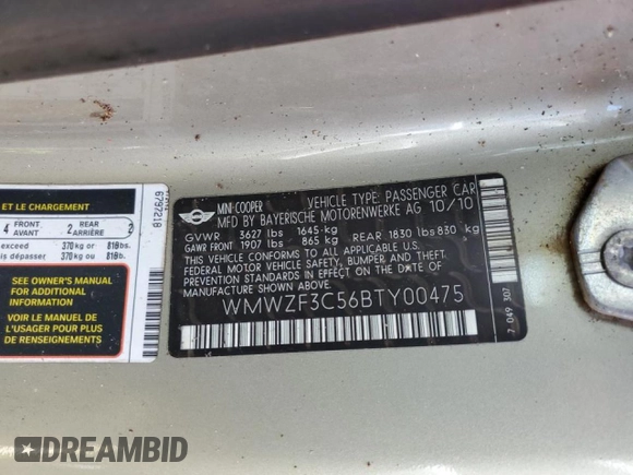2011 MINI Clubman z VIN WMWZF3C56BTY00475, wystawiony jako Copart lot #74595784 z przebiegiem Nie podano mil oraz Nie do naprawy • Non repairable. Historia ofert i sprzedaży dostępna na DreamBid. Obrazek 12.