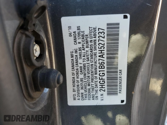 2010 Honda Civic Cpe LX with VIN 2HGFG1B67AH527237, listed as a Copart auction lot 71032914 with 184,842 mi miles and Salvage Title. Bid and sale history available at carsss.com. Image 15.