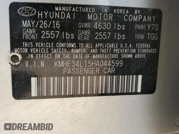 2017 Hyundai Sonata Hybrid Limited with VIN KMHE34L15HA044599, listed as a Copart auction lot 54274143 with 106,525 mi miles. Bid and sale history available at carsss.com. Image 12.