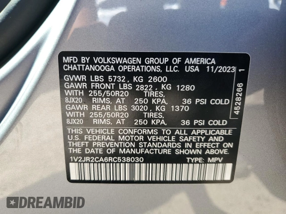 2024 Volkswagen Atlas SE z VIN 1V2JR2CA6RC538030, wystawiony jako Copart lot #58505685 z przebiegiem 32 613 mil mil oraz Szkoda całkowita • Salvage title. Historia ofert i sprzedaży dostępna na DreamBid. Obrazek 13.