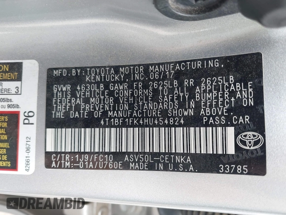 2017 Toyota Camry XLE with VIN 4T1BF1FK4HU454824, listed as a IAAI auction lot 42126990 with 77,818 mi miles and . Bid and sale history available at DreamBid. Image 9.