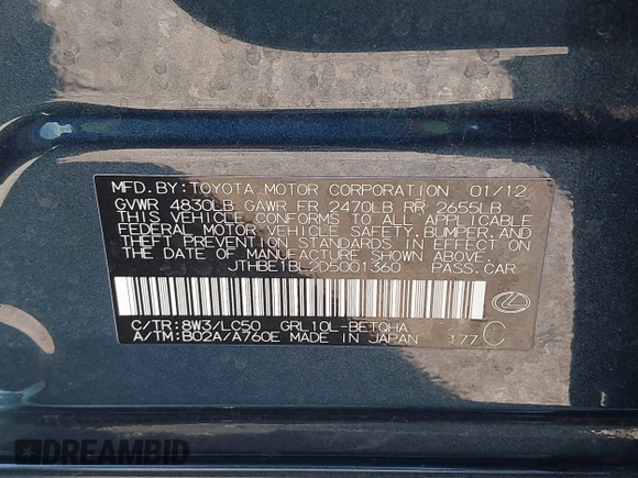 2013 Lexus GS with VIN JTHBE1BL2D5001360, listed as a IAAI auction lot 41370780 with 59,223 mi miles. Bid and sale history available at carsss.com. Image 9.
