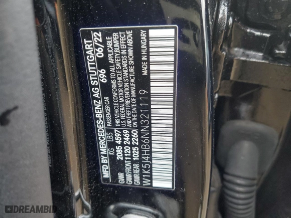 2022 Mercedes-Benz CLA with VIN W1K5J4HB6NN321119, listed as a Copart auction lot 84884294 with 22,586 mi miles and Salvage Title. Bid and sale history available at carsss.com. Image 12.