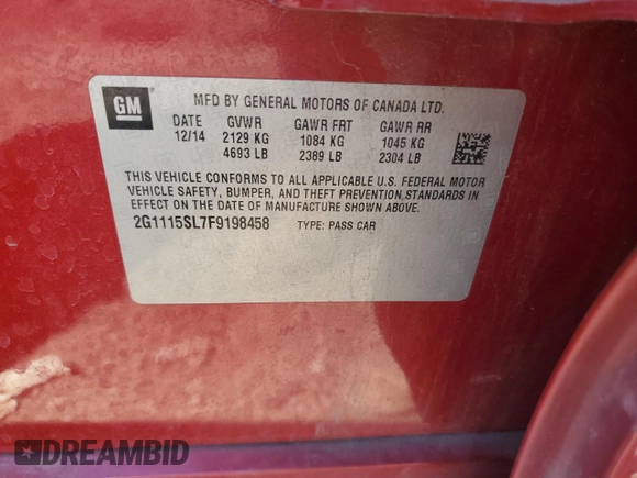 2015 Chevrolet Impala LT with VIN 2G1115SL7F9198458, listed as a Copart auction lot 57996275 with 128,480 mi miles and Salvage title. Bid and sale history available at DreamBid. Image 13.