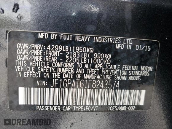2015 Subaru Impreza Special Sports Premium z VIN JF1GPAT61F8243574, wystawiony jako Copart lot #55315115 z przebiegiem 64 938 mil mil oraz Szkoda całkowita • Salvage title. Historia ofert i sprzedaży dostępna na DreamBid. Obrazek 12.