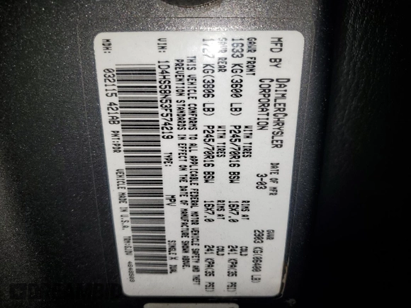 2003 Dodge Durango SLT Plus z VIN 1D4HS58N53F574219, wystawiony jako Copart lot #85208644 z przebiegiem 118 181 mil mil oraz Szkoda całkowita • Salvage title. Historia ofert i sprzedaży dostępna na DreamBid. Obrazek 13.