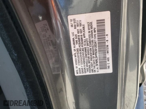 2012 Honda Odyssey Touring с VIN 5FNRL5H95CB120347, выставлен на аукционе Copart как лот 59111775 с пробегом 208 419 миль миль и Списание • Salvage title. История ставок и продаж доступна на DreamBid. Изображение 12.
