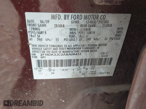 2010 Ford Edge SEL with VIN 2FMDK3JC2ABA06433, listed as a IAAI auction lot 42142094 with 193,665 mi miles. Bid and sale history available at carsss.com. Image 9.