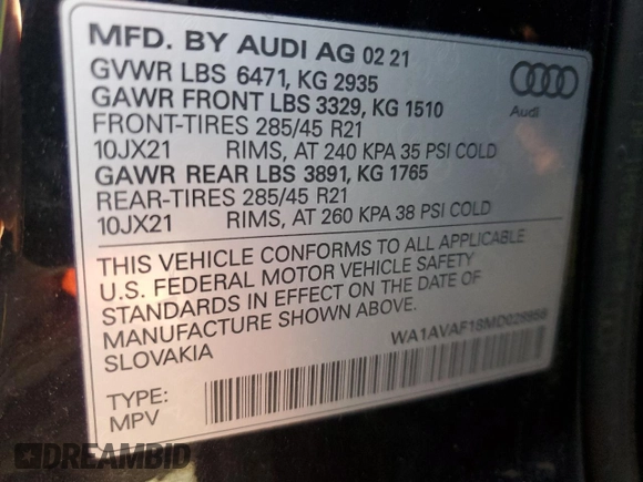 2021 Audi Q8 Premium with VIN WA1AVAF18MD028956, listed as a Copart auction lot 83454874 with 59,401 mi miles and Salvage Title. Bid and sale history available at carsss.com. Image 14.