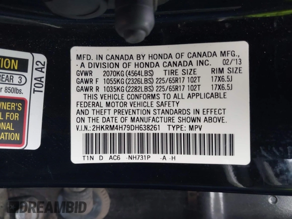 2013 Honda CR-V EX-L with VIN 2HKRM4H79DH638261, listed as a IAAI auction lot 42361736 with 149,042 mi miles and . Bid and sale history available at DreamBid. Image 9.
