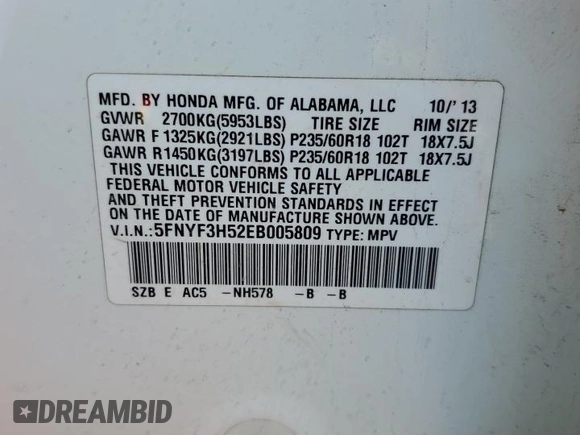 2014 Honda Pilot EX-L with VIN 5FNYF3H52EB005809, listed as a Copart auction lot 49451195 with 147,181 mi miles and Salvage Title. Bid and sale history available at DreamBid. Image 13.