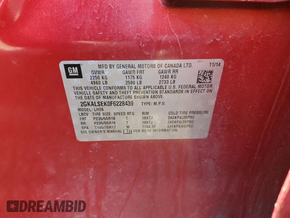 2015 GMC Terrain SLT with VIN 2GKALSEK0F6228439, listed as a Copart auction lot 48799445 with 99,418 mi miles and Salvage Title. Bid and sale history available at carsss.com. Image 13.