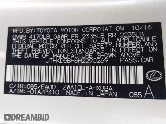 2017 Lexus CT with VIN JTHKD5BH6H2290269, listed as a IAAI auction lot 42083451 with 47,374 mi miles. Bid and sale history available at carsss.com. Image 9.