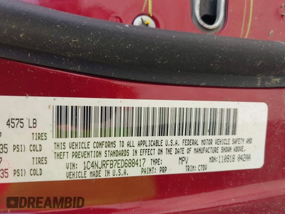 2014 Jeep Patriot Latitude with VIN 1C4NJRFB7ED688417, listed as a IAAI auction lot 42493111 with Not provided miles and . Bid and sale history available at DreamBid. Image 9.