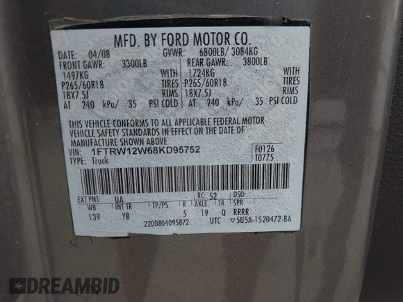 2008 Ford F-150 XL with VIN 1FTRW12W68KD95752, listed as a IAAI auction lot 41872451 with 188,078 mi miles. Bid and sale history available at carsss.com. Image 9.
