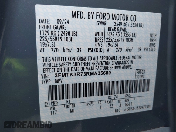 2024 Ford Mustang Mach-E Premium with VIN 3FMTK3R73RMA35680, listed as a IAAI auction lot 41895604 with 1,298 mi miles and . Bid and sale history available at DreamBid. Image 9.