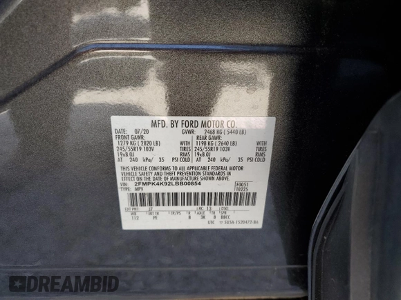 2020 Ford Edge Titanium with VIN 2FMPK4K92LBB00854, listed as a Copart auction lot 54540835 with 29,779 mi miles and Salvage Title. Bid and sale history available at carsss.com. Image 13.