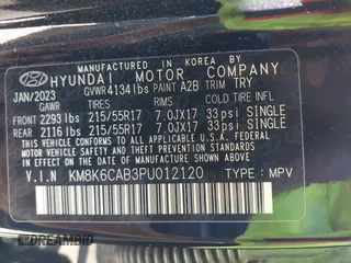 2023 Hyundai Kona SEL with VIN KM8K6CAB3PU012120, listed as a IAAI auction lot 42134639 with 15,057 mi miles and . Bid and sale history available at DreamBid. Image 9.
