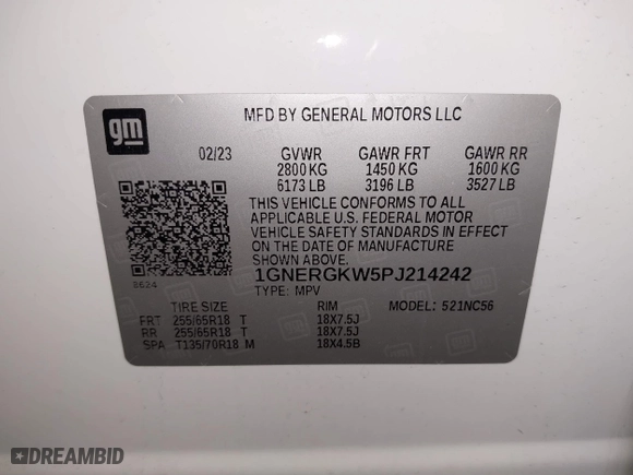 2023 Chevrolet Traverse LT Cloth with VIN 1GNERGKW5PJ214242, listed as a IAAI auction lot 41883690 with 36,341 mi miles. Bid and sale history available at carsss.com. Image 9.