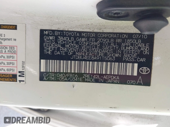 2010 Toyota Corolla с VIN JTDBU4EE8A9115063, выставлен на аукционе IAAI как лот 42366910 с пробегом 169 997 миль миль и . История ставок и продаж доступна на DreamBid. Изображение 9.