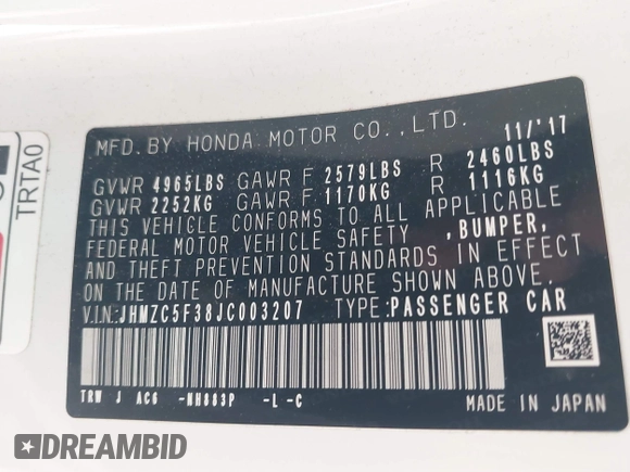 2018 Honda Clarity Plug-In Hybrid Touring with VIN JHMZC5F38JC003207, listed as a IAAI auction lot 42057987 with 35,420 mi miles. Bid and sale history available at carsss.com. Image 9.