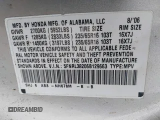 2006 Honda Odyssey LX with VIN 5FNRL38206B129663, listed as a IAAI auction lot 40978284 with 290,666 mi miles. Bid and sale history available at carsss.com. Image 9.