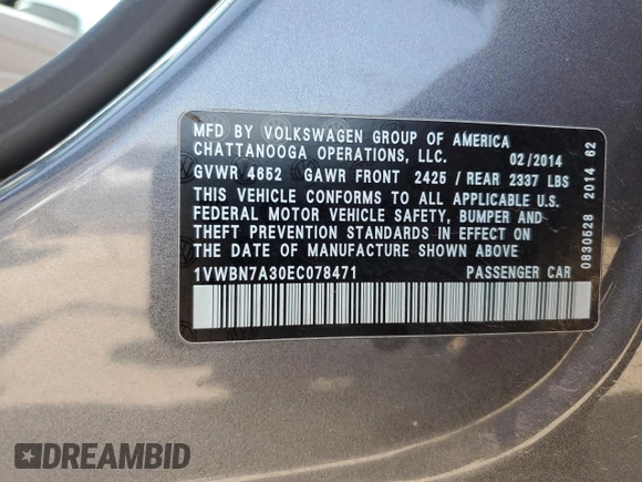 2014 Volkswagen Passat SE z VIN 1VWBN7A30EC078471, wystawiony jako Copart lot #60243135 z przebiegiem 96 862 mil mil oraz Szkoda całkowita • Salvage title. Historia ofert i sprzedaży dostępna na DreamBid. Obrazek 12.
