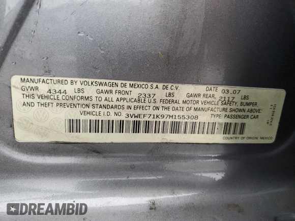 2007 Volkswagen Jetta Wolfsburg Edition с VIN 3VWEF71K97M155308, выставлен на аукционе Copart как лот 53537675 с пробегом 188 314 миль миль и Чистый • Clean title. История ставок и продаж доступна на DreamBid. Изображение 12.