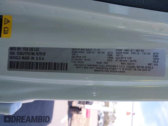 2022 Jeep Gladiator High Altitude with VIN 1C6HJTFG1NL167518, listed as a IAAI auction lot 41838411 with 20,885 mi miles and . Bid and sale history available at DreamBid. Image 9.