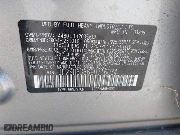 2009 Subaru Forester X with VIN JF2SH63669H716034, listed as a IAAI auction lot 42432811 with 192,094 mi miles and . Bid and sale history available at DreamBid. Image 9.