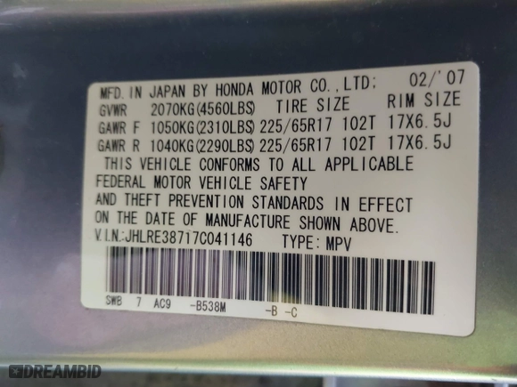 2007 Honda CR-V EX-L with VIN JHLRE38717C041146, listed as a IAAI auction lot 41799778 with 217,261 mi miles. Bid and sale history available at carsss.com. Image 9.