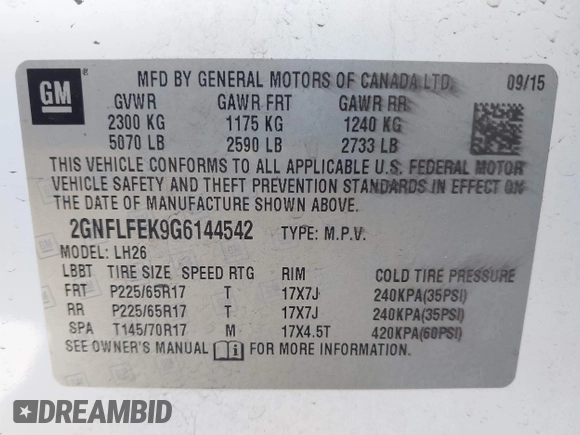 2016 Chevrolet Equinox LT with VIN 2GNFLFEK9G6144542, listed as a IAAI auction lot 42172889 with 137,474 mi miles and . Bid and sale history available at DreamBid. Image 9.