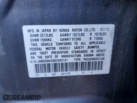 2013 Honda Fit with VIN JHMGE8H39DC060147, listed as a Copart auction lot 47957915 with 72,484 mi miles and Salvage Title. Bid and sale history available at carsss.com. Image 14.