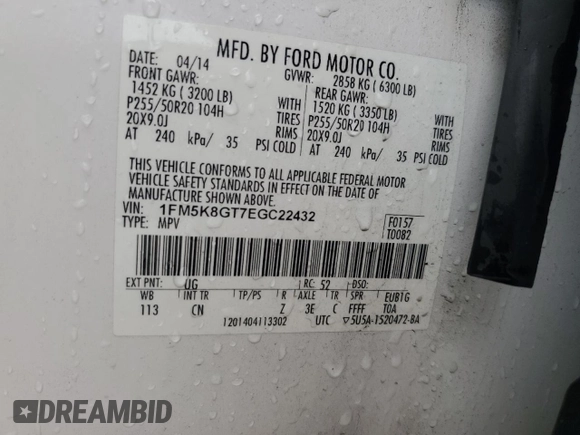 2014 Ford Explorer Sport с VIN 1FM5K8GT7EGC22432, выставлен на аукционе Copart как лот 43033565 с пробегом 133 210 миль миль и Чистый • Clean title. История ставок и продаж доступна на DreamBid. Изображение 13.