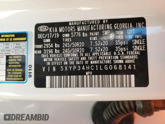 2020 Kia Telluride EX with VIN 5XYP34HC1LG068141, listed as a Copart auction lot 52440615 with 48,015 mi miles and Salvage Title. Bid and sale history available at DreamBid. Image 13.