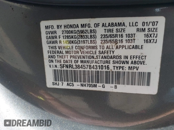 2007 Honda Odyssey EX with VIN 5FNRL38457B431016, listed as a IAAI auction lot 42155643 with 230,359 mi miles. Bid and sale history available at carsss.com. Image 9.