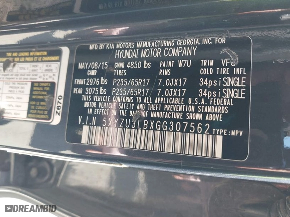 2016 Hyundai Santa Fe Sport with VIN 5XYZU3LBXGG307562, listed as a IAAI auction lot 41981150 with 126,359 mi miles. Bid and sale history available at carsss.com. Image 9.