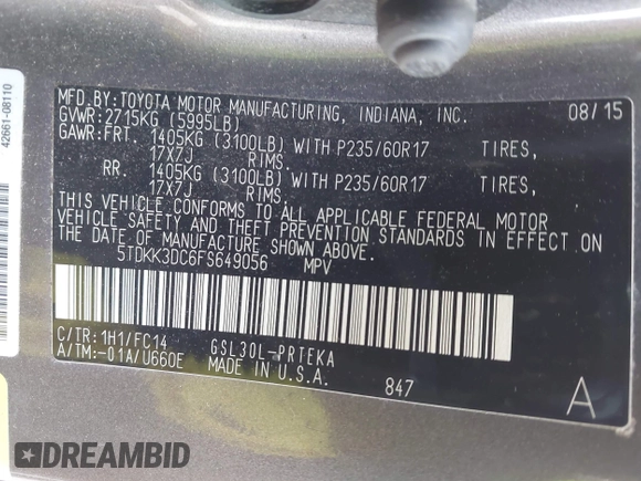2015 Toyota Sienna LE AAS с VIN 5TDKK3DC6FS649056, выставлен на аукционе IAAI как лот 41978844 с пробегом 182 694 миль миль и . История ставок и продаж доступна на DreamBid. Изображение 9.