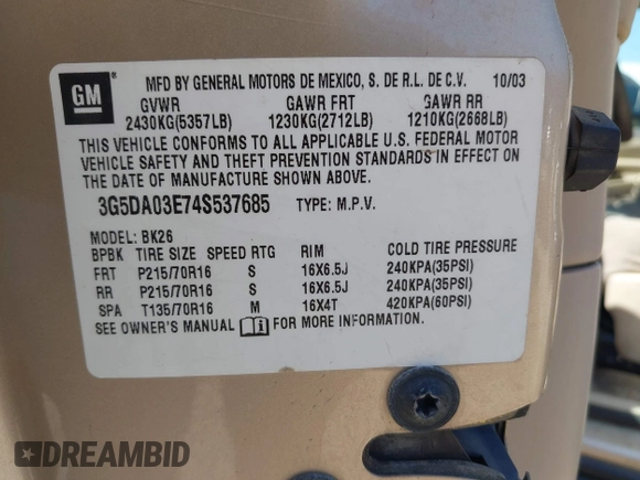 2004 Buick Rendezvous with VIN 3G5DA03E74S537685, listed as a IAAI auction lot 41994240 with 188,637 mi miles and . Bid and sale history available at DreamBid. Image 9.