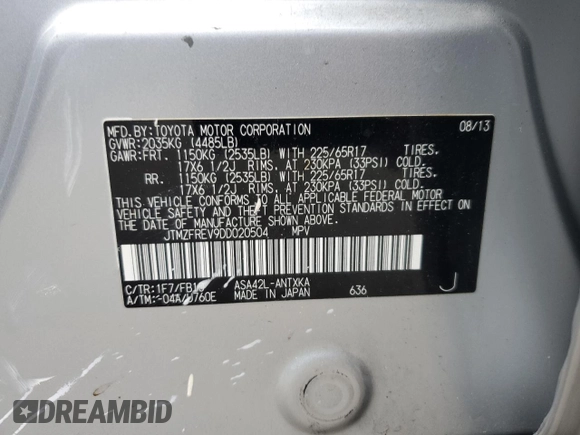 2013 Toyota RAV4 LE z VIN JTMZFREV9DD020504, wystawiony jako Copart lot #86809514 z przebiegiem 168 749 mil mil oraz Szkoda całkowita • Salvage title. Historia ofert i sprzedaży dostępna na DreamBid. Obrazek 13.