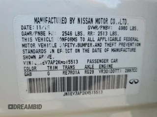 2019 Infiniti Q50 Luxe with VIN JN1EV7AP2KM515513, listed as a Copart auction lot 59893895 with 124,644 mi miles and Salvage title. Bid and sale history available at DreamBid. Image 12.