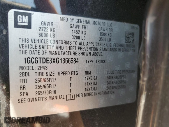 2016 Chevrolet Colorado 4WD Z71 with VIN 1GCGTDE3XG1366584, listed as a Copart auction lot 57827595 with 111,822 mi miles and Salvage title. Bid and sale history available at DreamBid. Image 12.