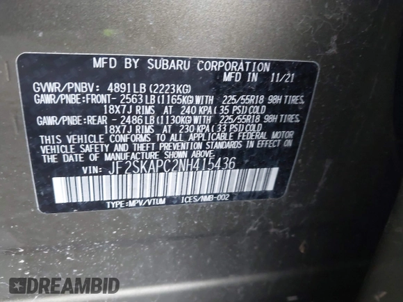 2022 Subaru Forester Limited with VIN JF2SKAPC2NH415436, listed as a IAAI auction lot 40855122 with 13,319 mi miles. Bid and sale history available at carsss.com. Image 9.