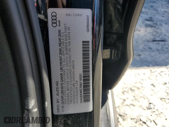 2016 Audi A6 2.0T Premium Plus with VIN WAUDFAFC7GN116331, listed as a Copart auction lot 46994175 with 196,232 mi miles and Salvage Title. Bid and sale history available at carsss.com. Image 12.